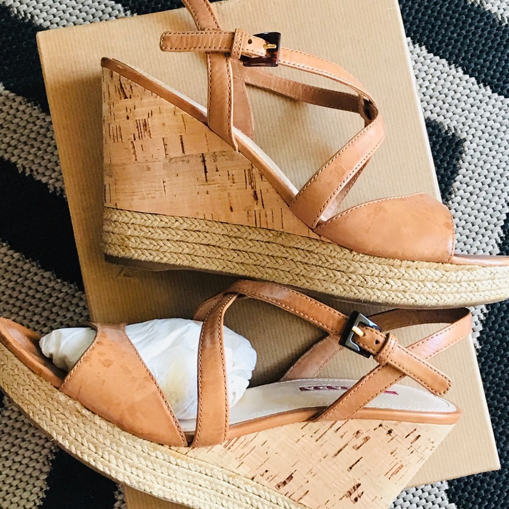 Prada cork wedges, Leather straps in tobacco